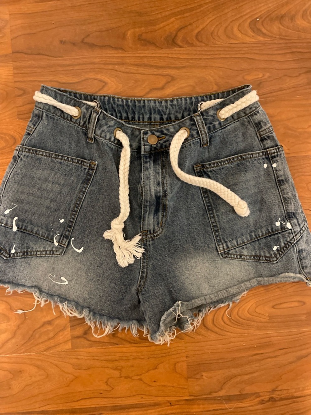 SHEIN Faded Blue Distressed High-Rise Denim Shorts with Rope Tie